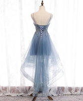 Blue Sweetheart Tulle Lace High Low Evening Prom Dresses, Blue Homecoming Dresses